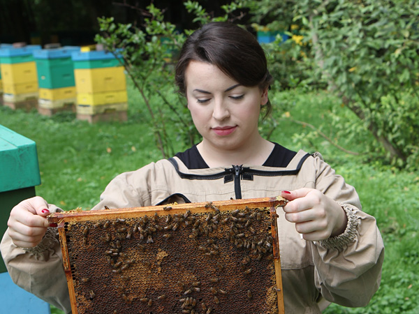 A woman in a beekeeper's suit, but without a hat, holding a frame with a honeycomb and bees. In the background are beehive