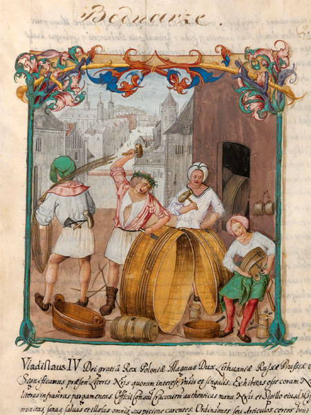 Scan of a colour miniature with people making tubs and buckets from staves. In the background are the outlines of the town