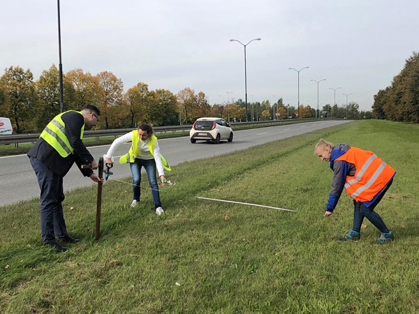 Three people in reflective vests measure the width of the lawn on the city expressway